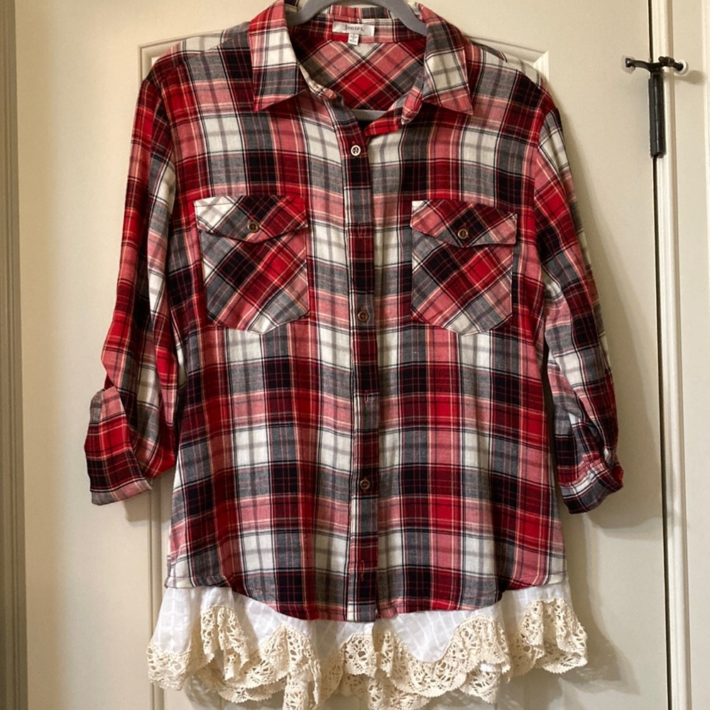 JODIFL Red and Black Plaid Shirt with Lace Detail